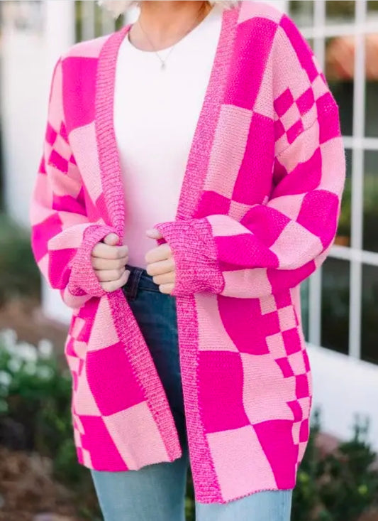 Pink Checkered Cardigan