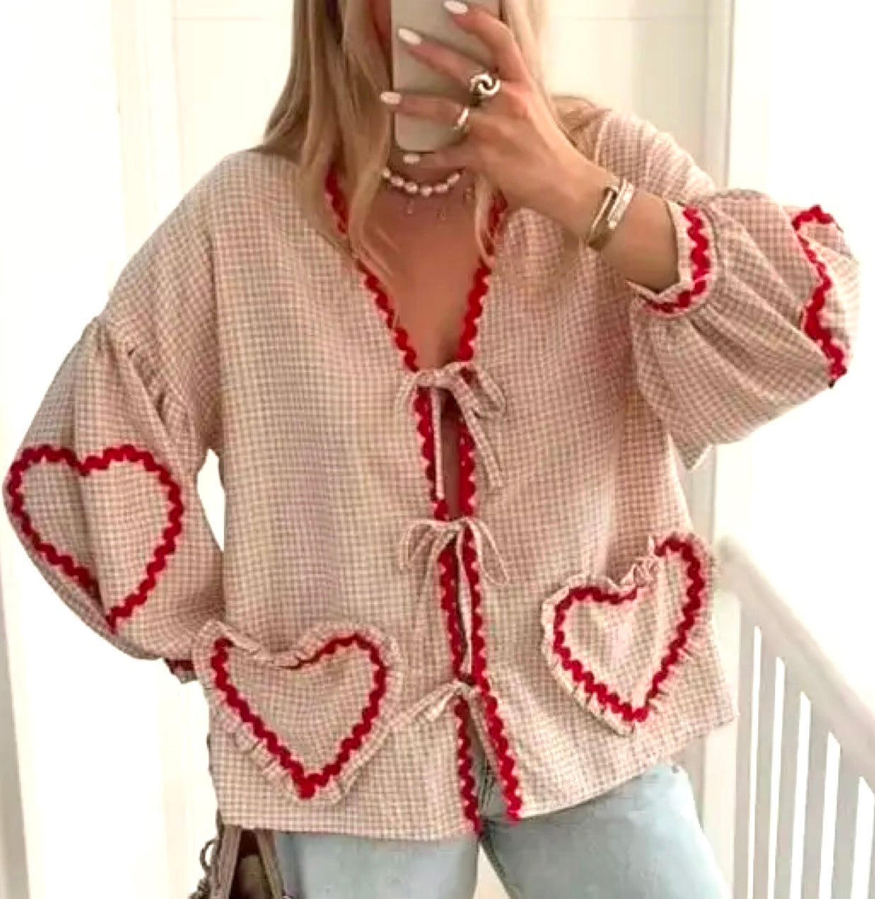 Ric Rac Heart-Inspired Patching gingham tie front blouse