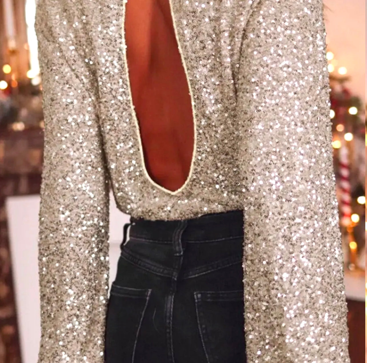 Sequin Puff Sleeve Cutout Back blouse