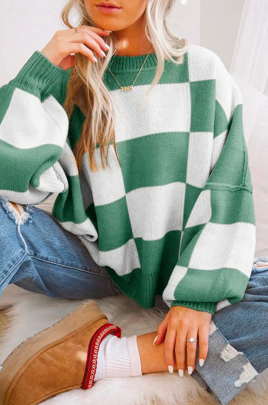 Checker reverse seam crewneck sweater